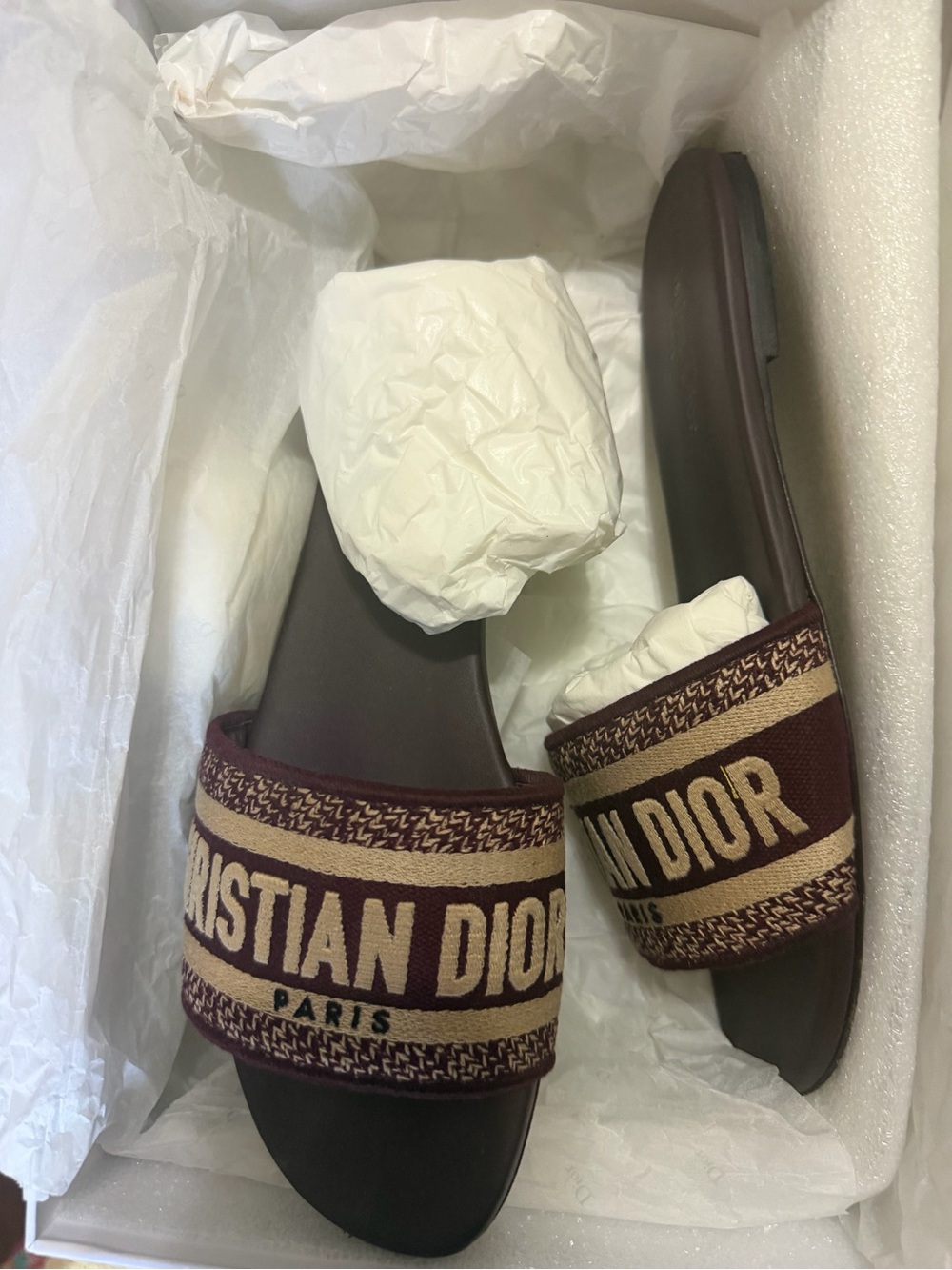 Dior  Burgundy Logo Slide Sandals